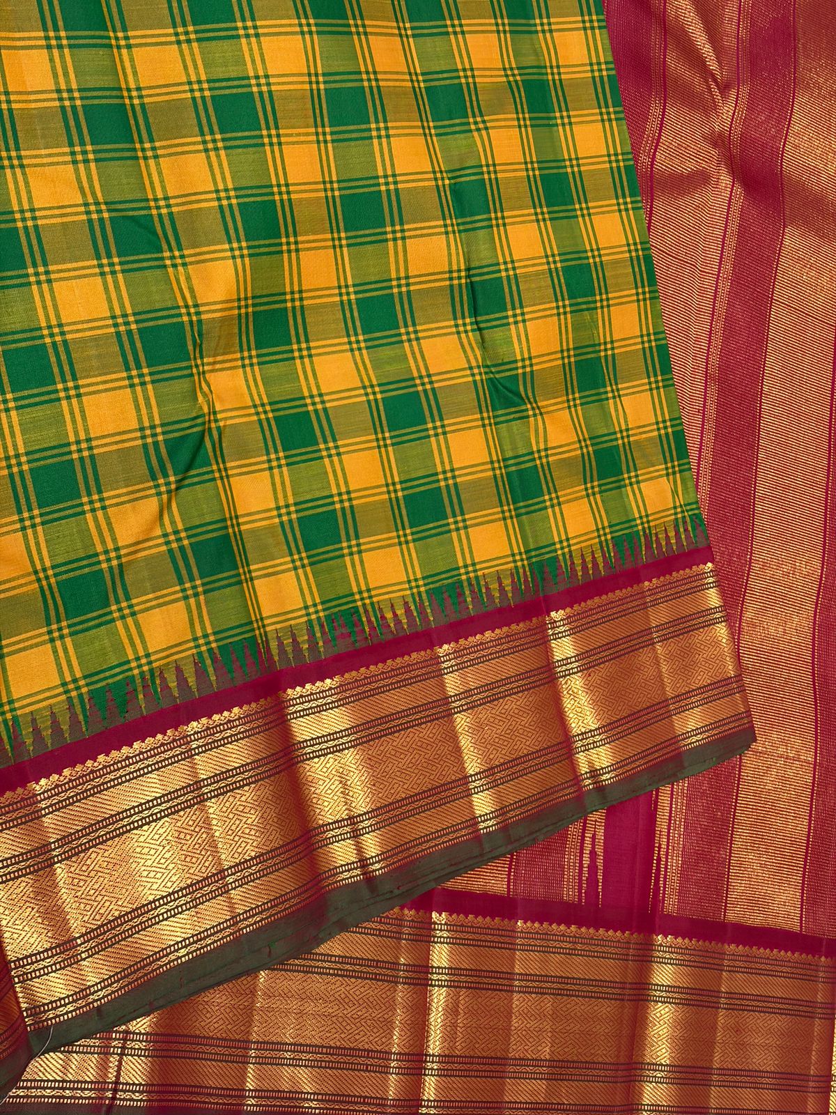 Green with Yellow Checked Pure Kanchipuram Handloom Bridal Silk Saree